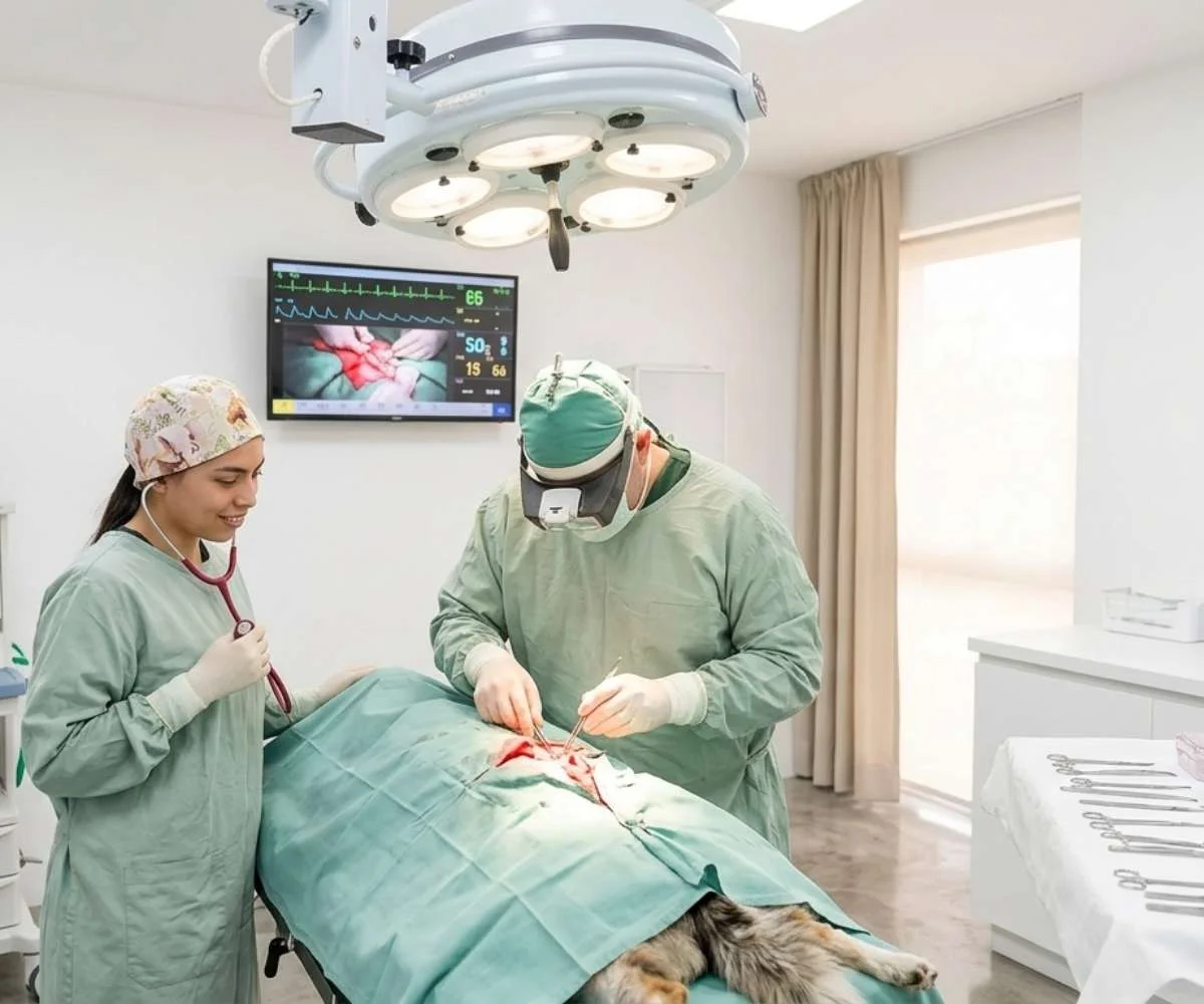cirugia-veterinaria-perros-gatos-bogota cirujano veterinario realizando procedimiento quirúrgico en perro en clínica veterinaria en Bogotá