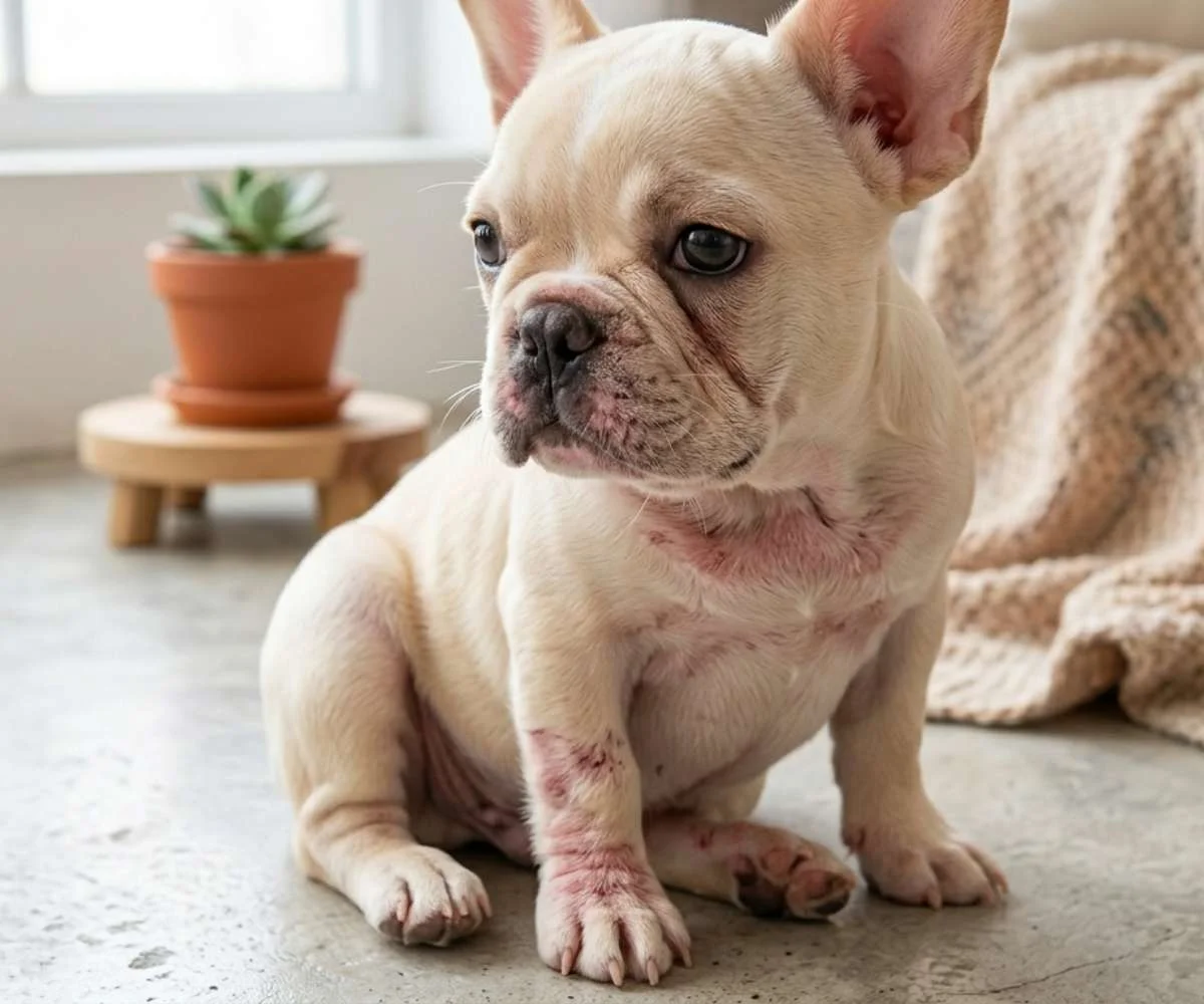 perro con dermatitis y lesiones en la piel causadas por alergia que requiere atención dermatológica veterinaria