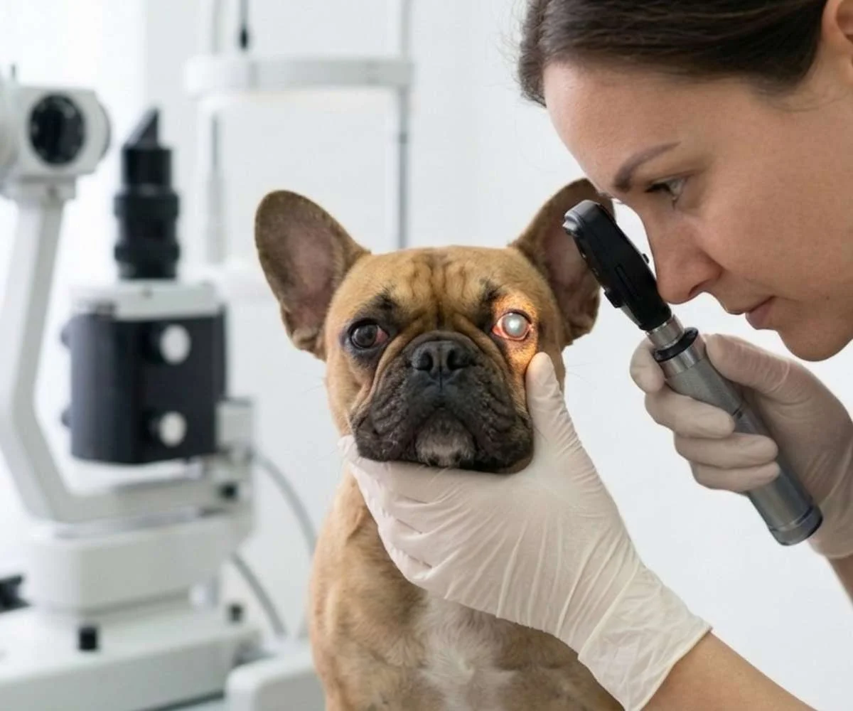 Veterinario revisando ojos de perro durante consulta de oftalmología veterinaria en Bogotá