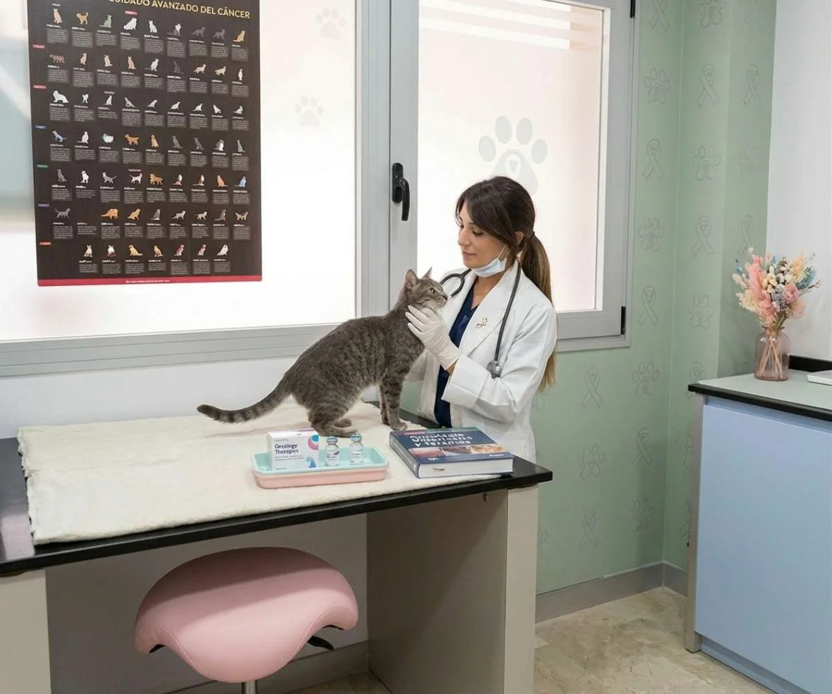 Veterinaria evaluando gato durante consulta por enfermedades oncológicas en clínica veterinaria en Bogotá