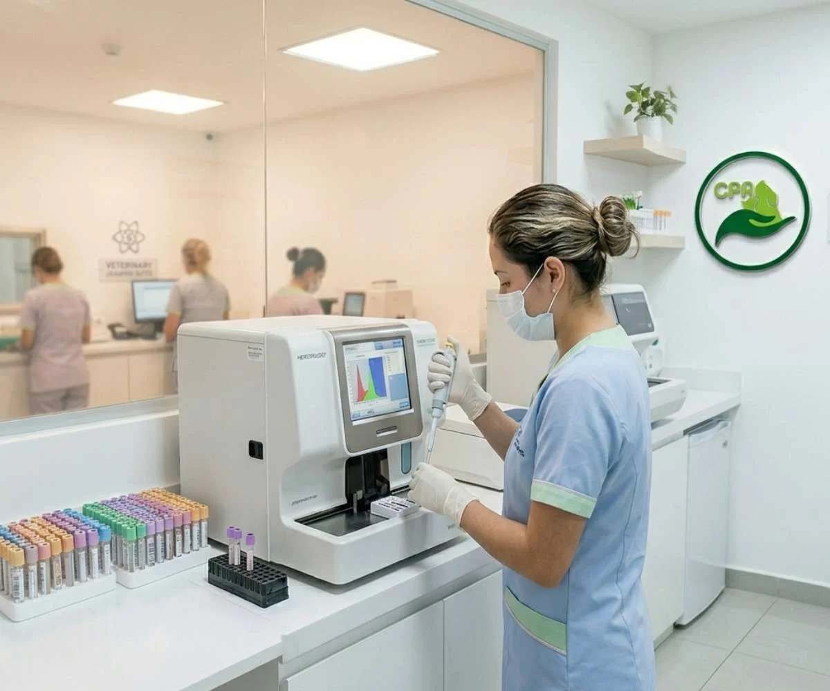veterinario realizando análisis de laboratorio clínico a muestra de mascota en Bogotá