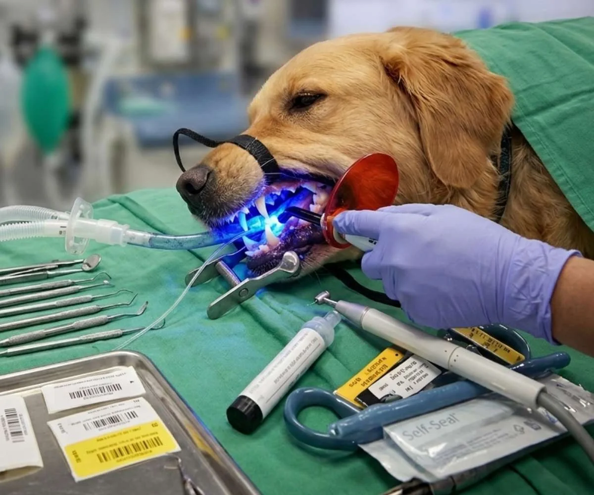 Procedimiento de limpieza dental en perro durante tratamiento de odontología veterinaria en clínica en Bogotá