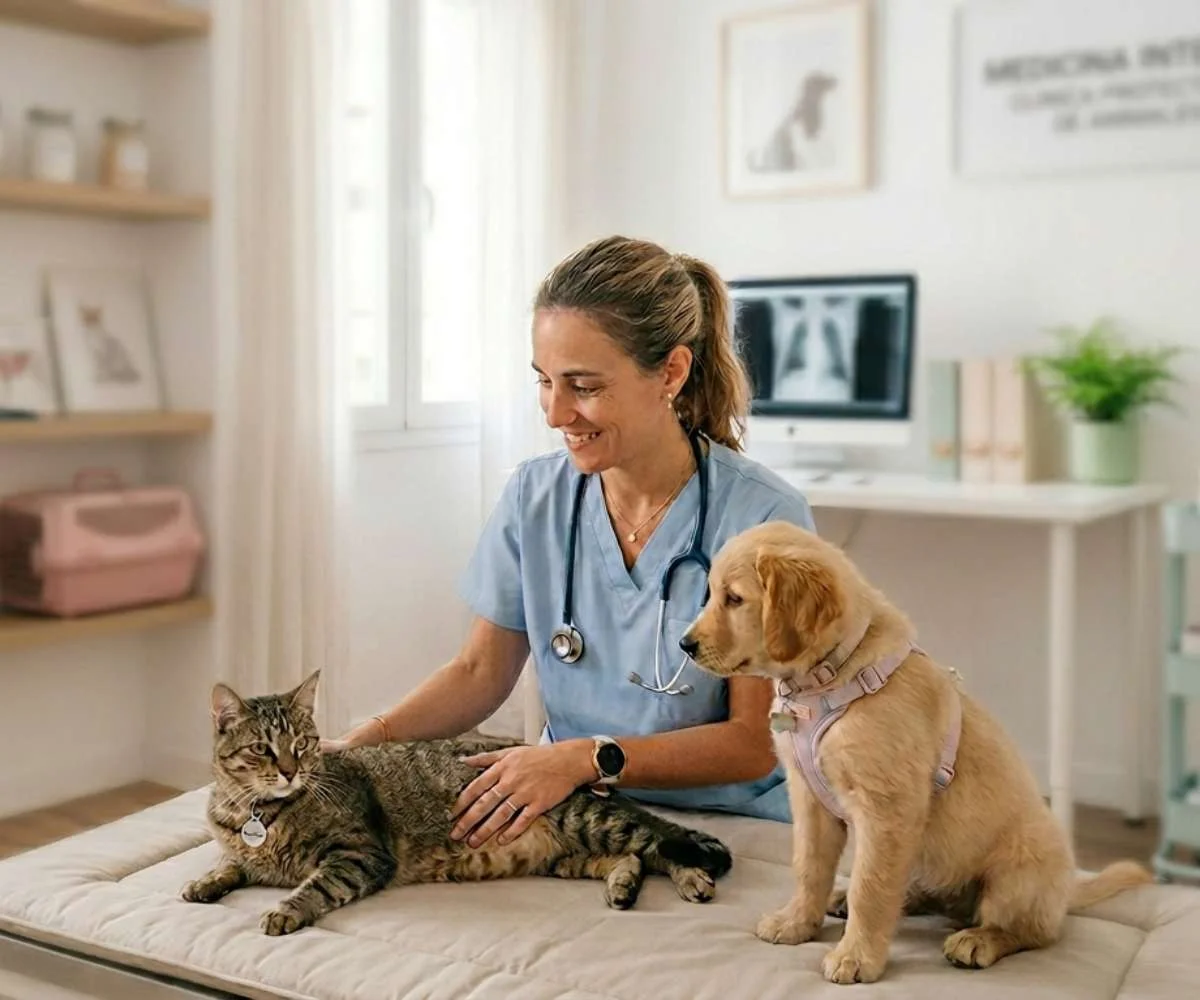 veterinario evaluando a un perro en consulta de medicina interna veterinaria en Bogotá