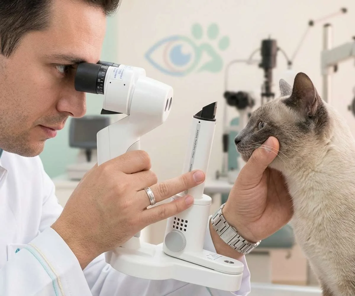Veterinario realizando revisión ocular a perro en consulta de oftalmología veterinaria en Bogotá
