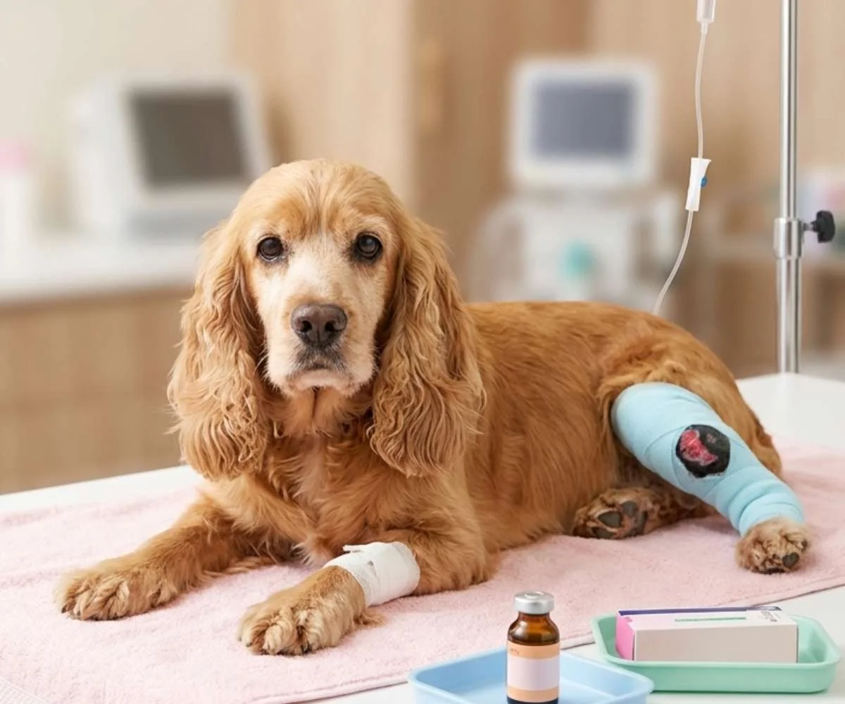 Veterinario realizando evaluación oncológica a perro en clínica veterinaria en Bogotá