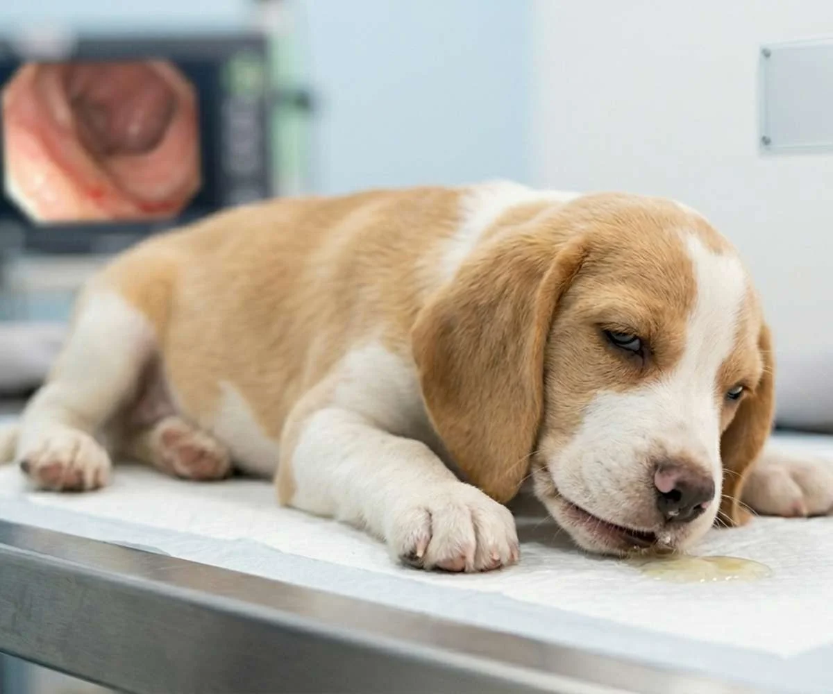 vomitos-perro-problema-digestivo-veterinaria perro con vómitos por problema digestivo durante consulta de gastroenterología veterinaria