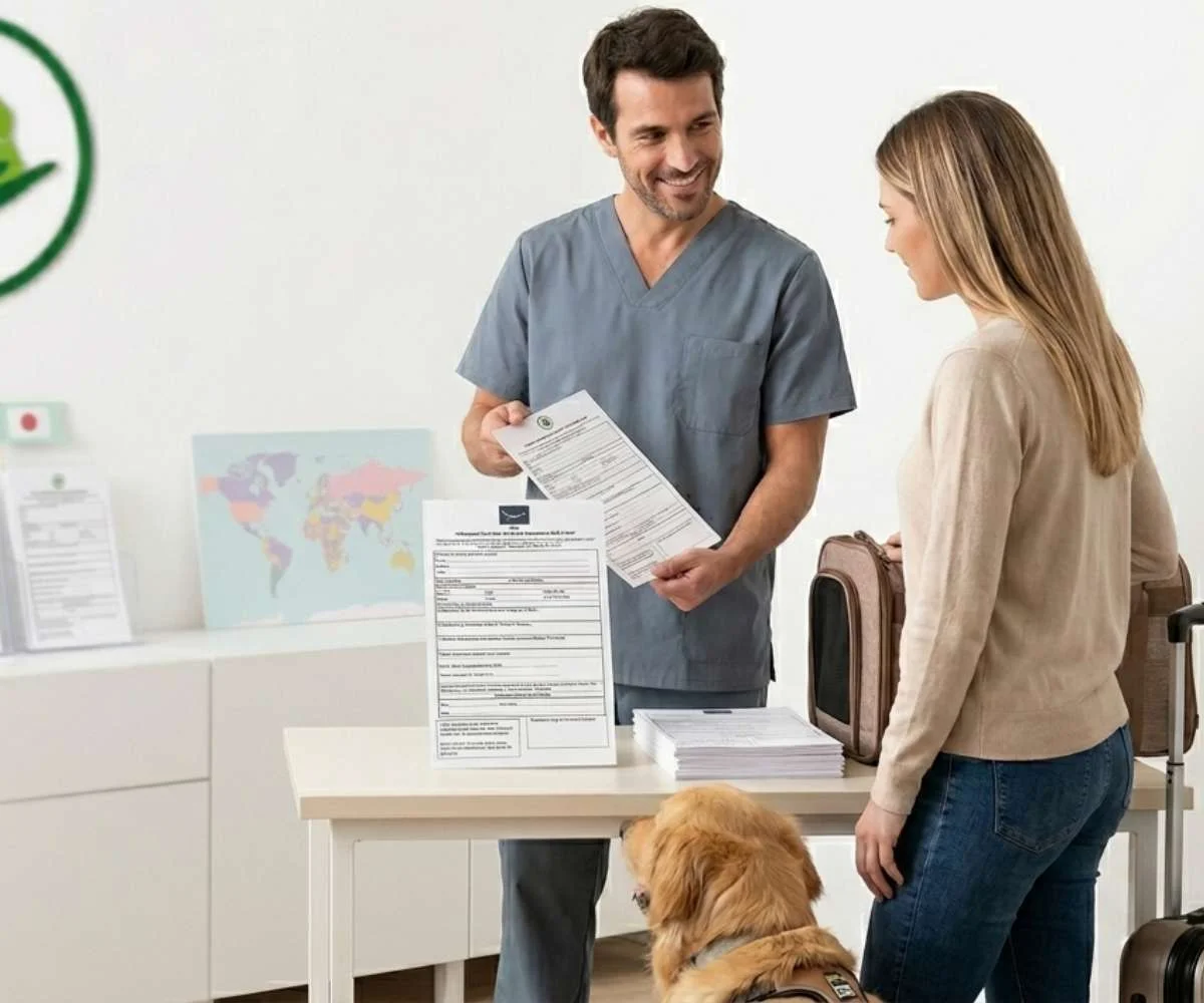 veterinario entregando certificado internacional para viajar con mascota