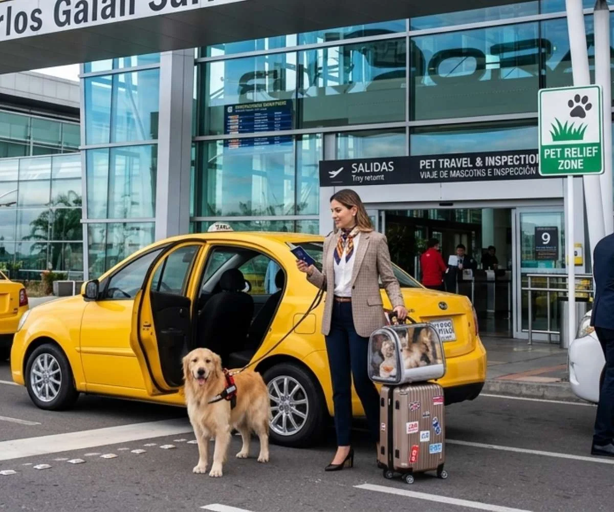 persona viajando con su perro en aeropuerto con documentos para viaje internacional